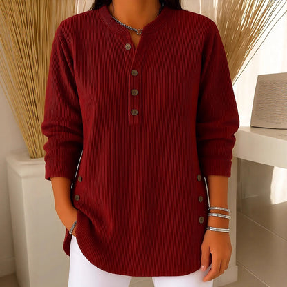 Corduroy Button Front Long Sleeve Henley Top