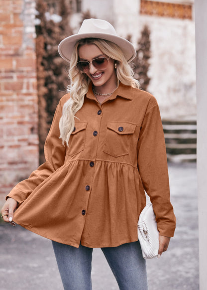 Casual Corduroy Babydoll Shirt Vintage-Inspired Top