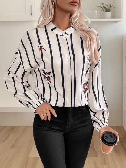 Stand-up Collar Long-sleeved Cardigan Top Striped Print Shirt