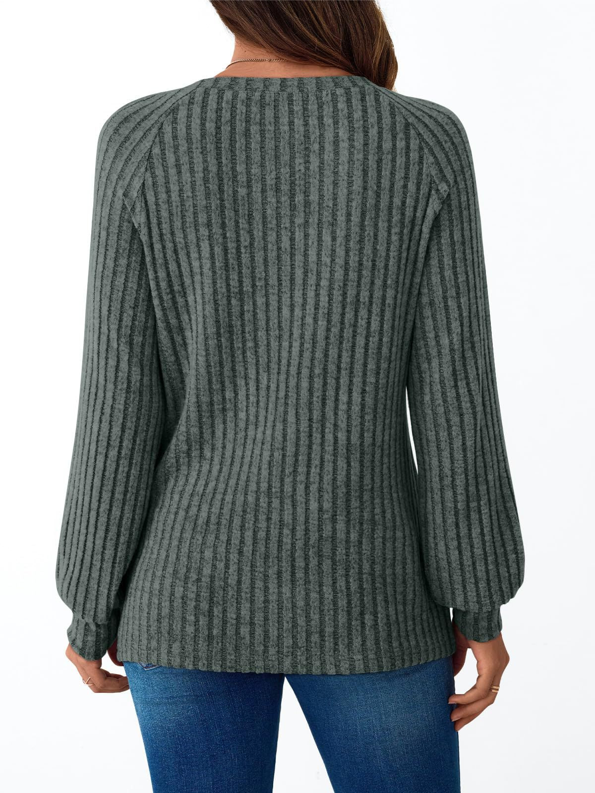 Ribbed Knit Crewneck Sweatshirt with Button Detail