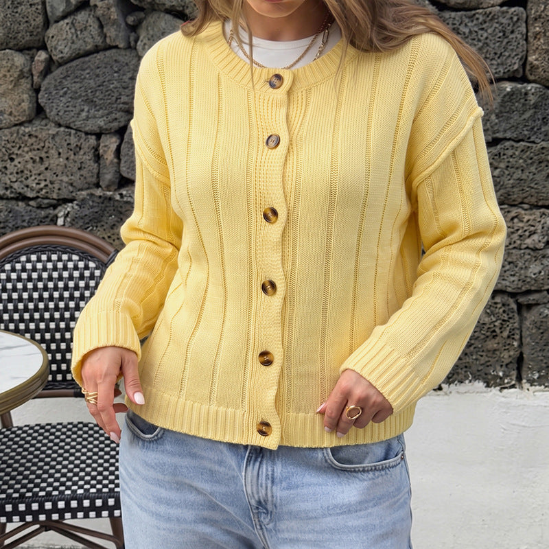 Solid Ribbed Knit Cardigan Button Front Crew Neck Sweater