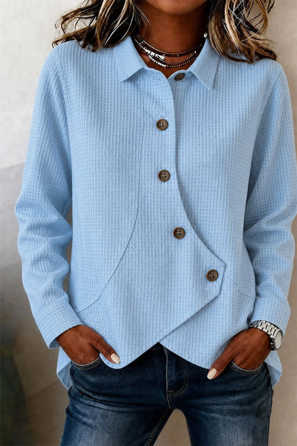 Women's Waffle Knit Button Down Collared Asymmetric Top