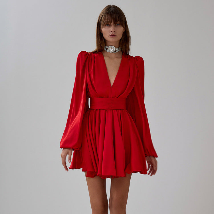 Satin V-Neck Puff Sleeve Belted A-Line Mini Dress