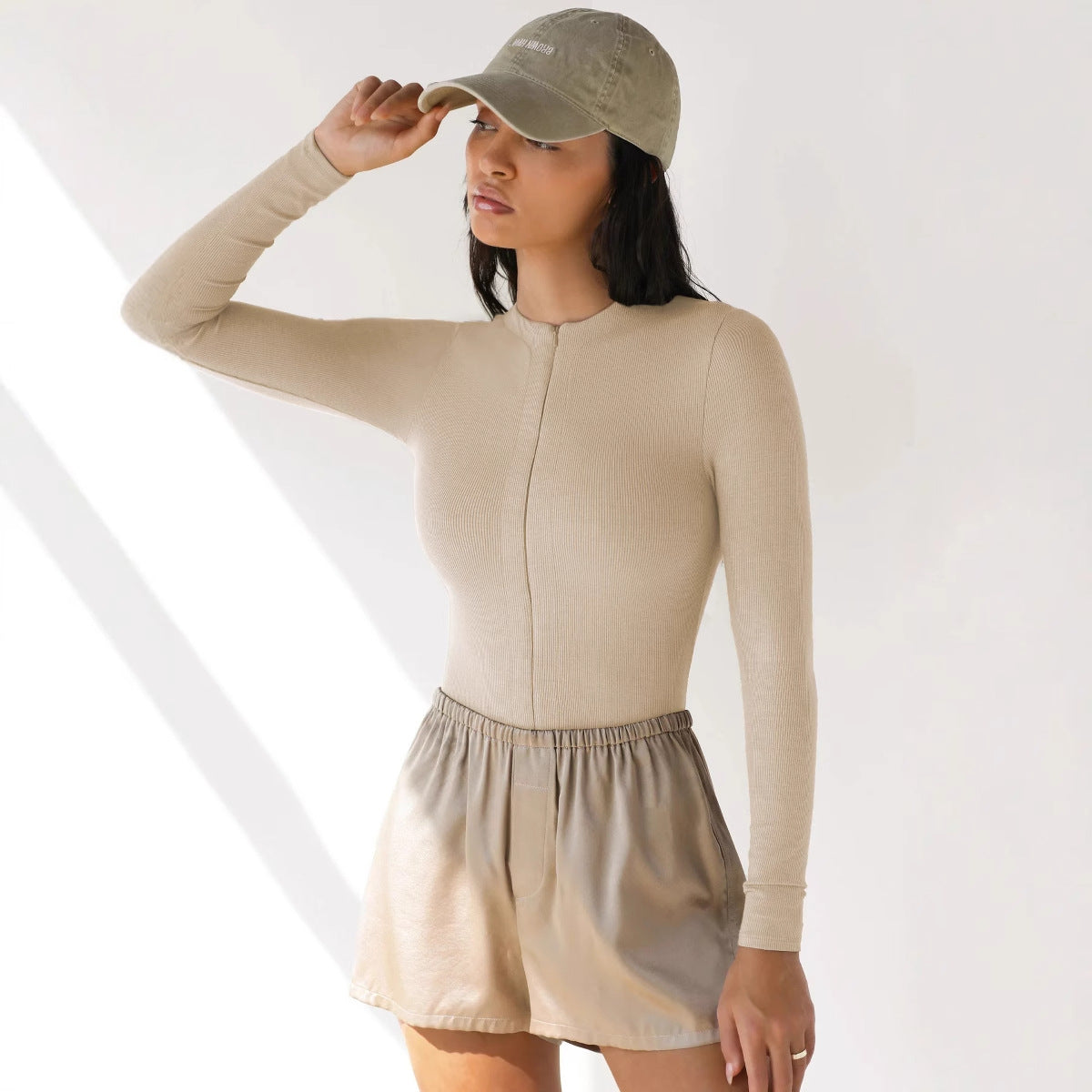 Zipper Knit Jumpsuit Versatile Tight Fit 3-Point Pants