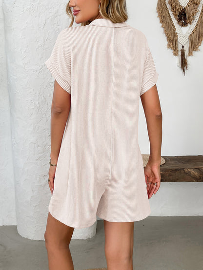 Lapel Button Loose Pocket Short Sleeve Jumpsuit