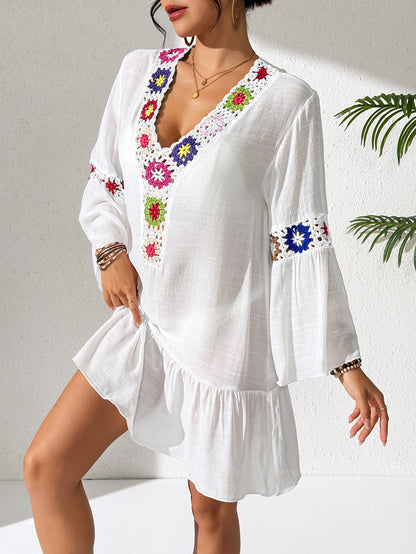 Boho Floral Crochet Ruffle Mini Beach Dress Cover Up