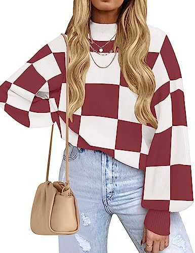 Women's Checkered Mock Neck Balloon Sleeve Sweater