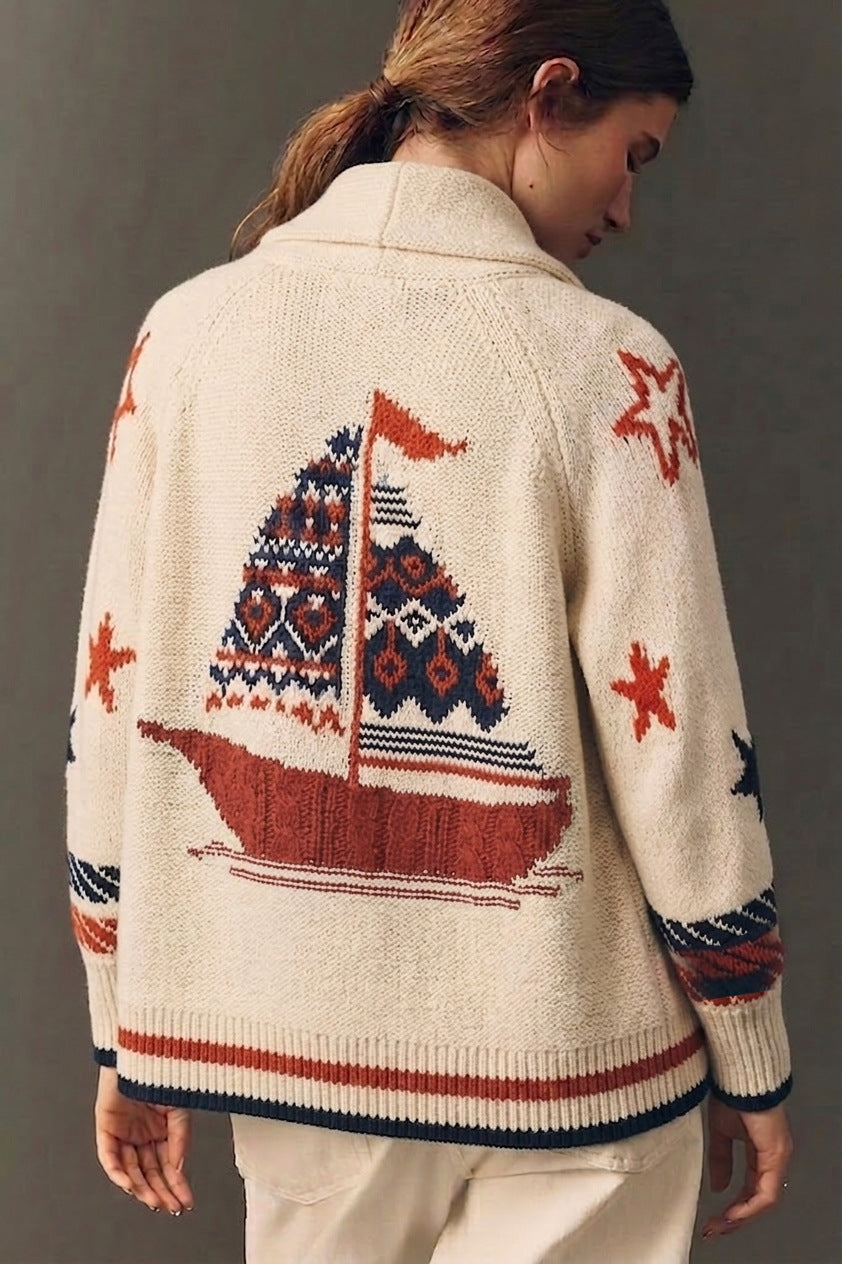 Nautical Sailboat Oversized Knit Cardigan Sweater