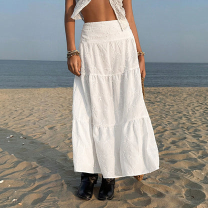 White Boho Maxi Skirt High Slit Embroidered Flowy Summer Vacation