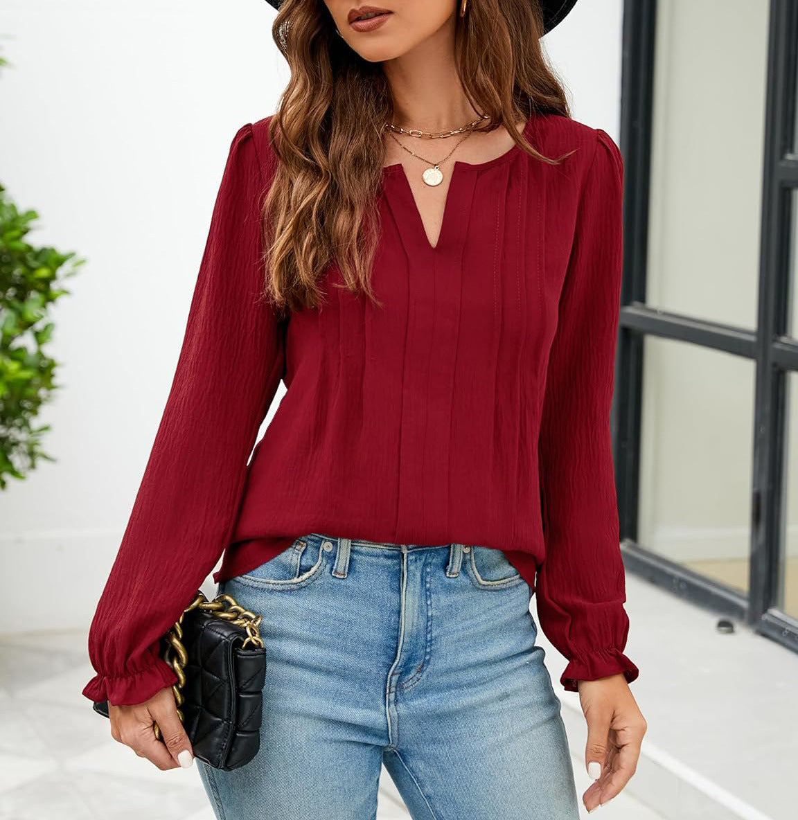 Pleated Chiffon V Neck Long Sleeve Casual Blouse