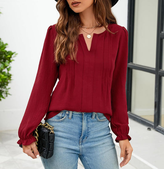 Pleated Chiffon V Neck Long Sleeve Casual Blouse