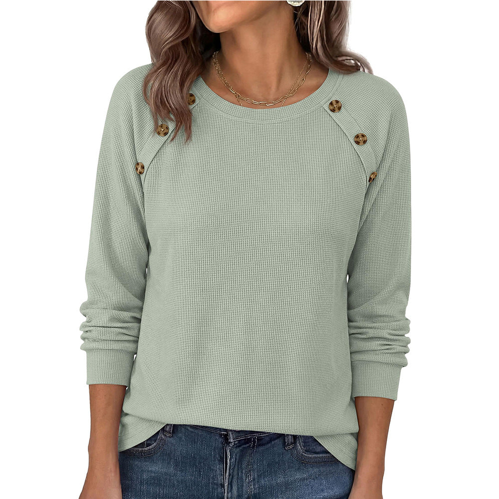 Waffle Knit Button Henley Top Crew Neck Long Sleeve Tee