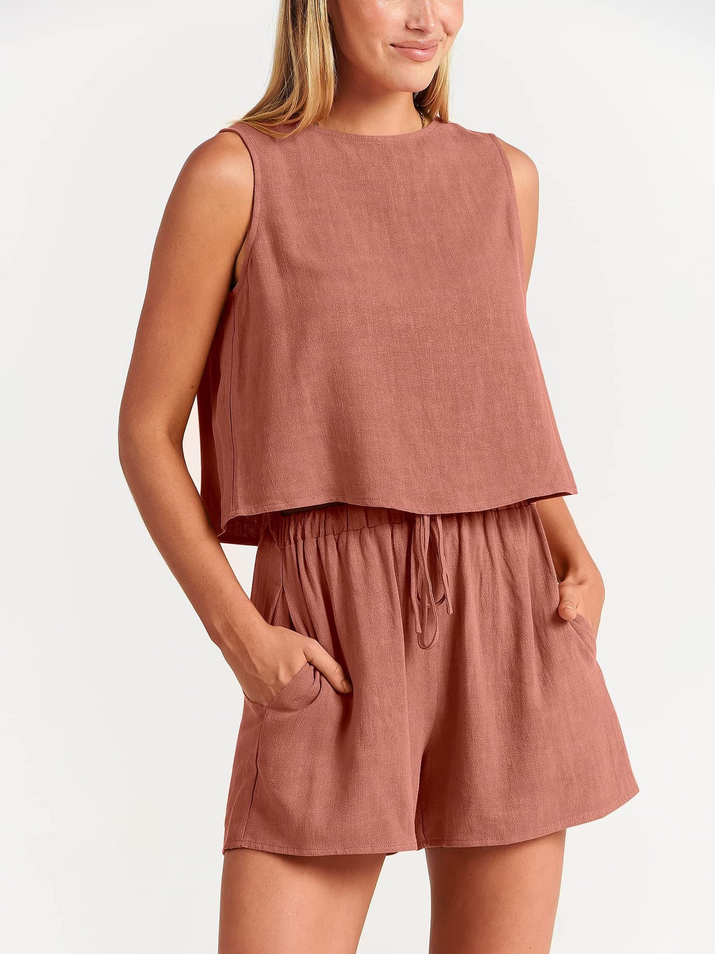 Sleeveless Top and Drawstring Shorts Two Piece Set