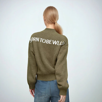 Women's Olive Green Half Zip Number Knit Sweater