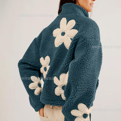 Oversized Floral Sherpa Zip-Up Fleece Jacket