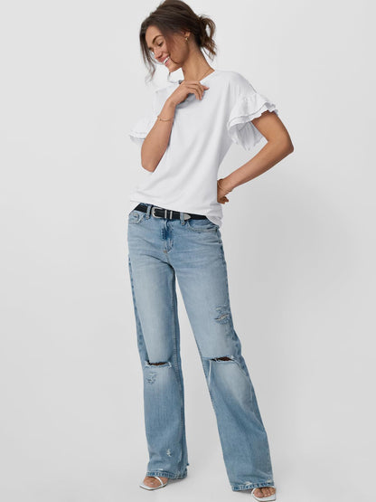 Women’s Ruffle Sleeve Crew Neck Tee Casual Summer Top