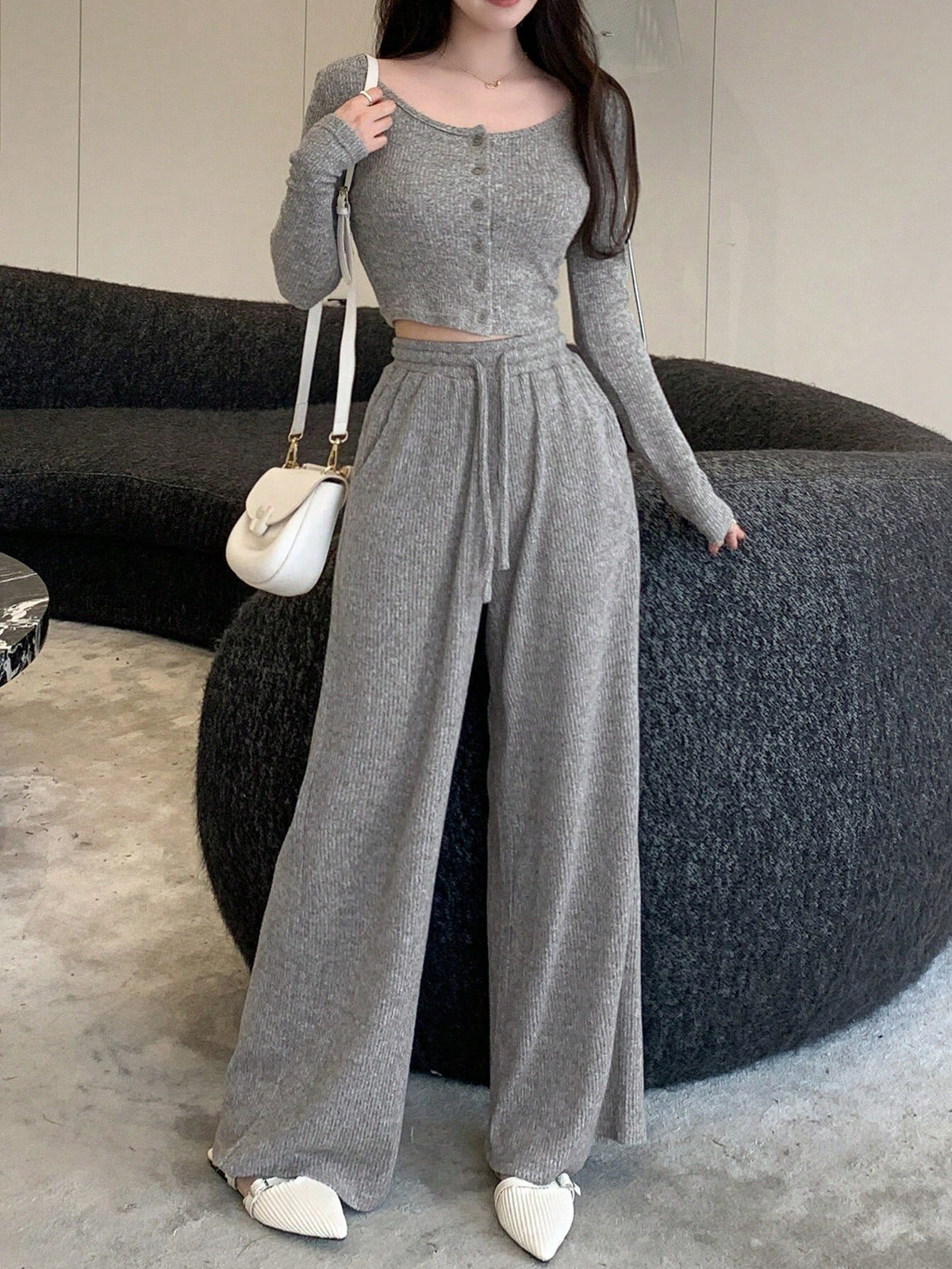 Women's Ribbed Knit Two Piece Wide Leg Pants Set