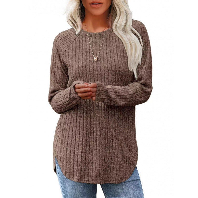 Women's Brushed Rib Long Sleeve Crew Neck Curved Hem Top