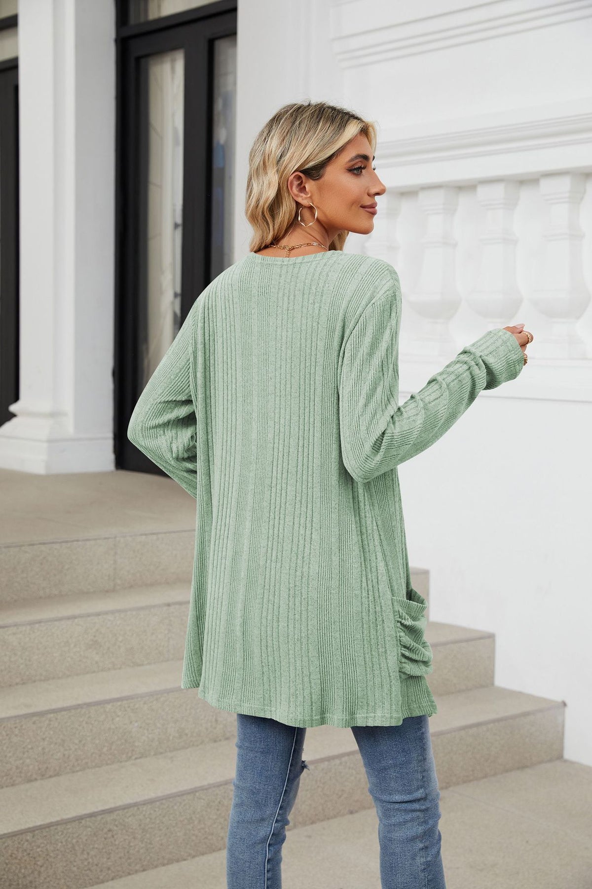 Women's Long Sleeve Ribbed Open Front Cardigan Pockets