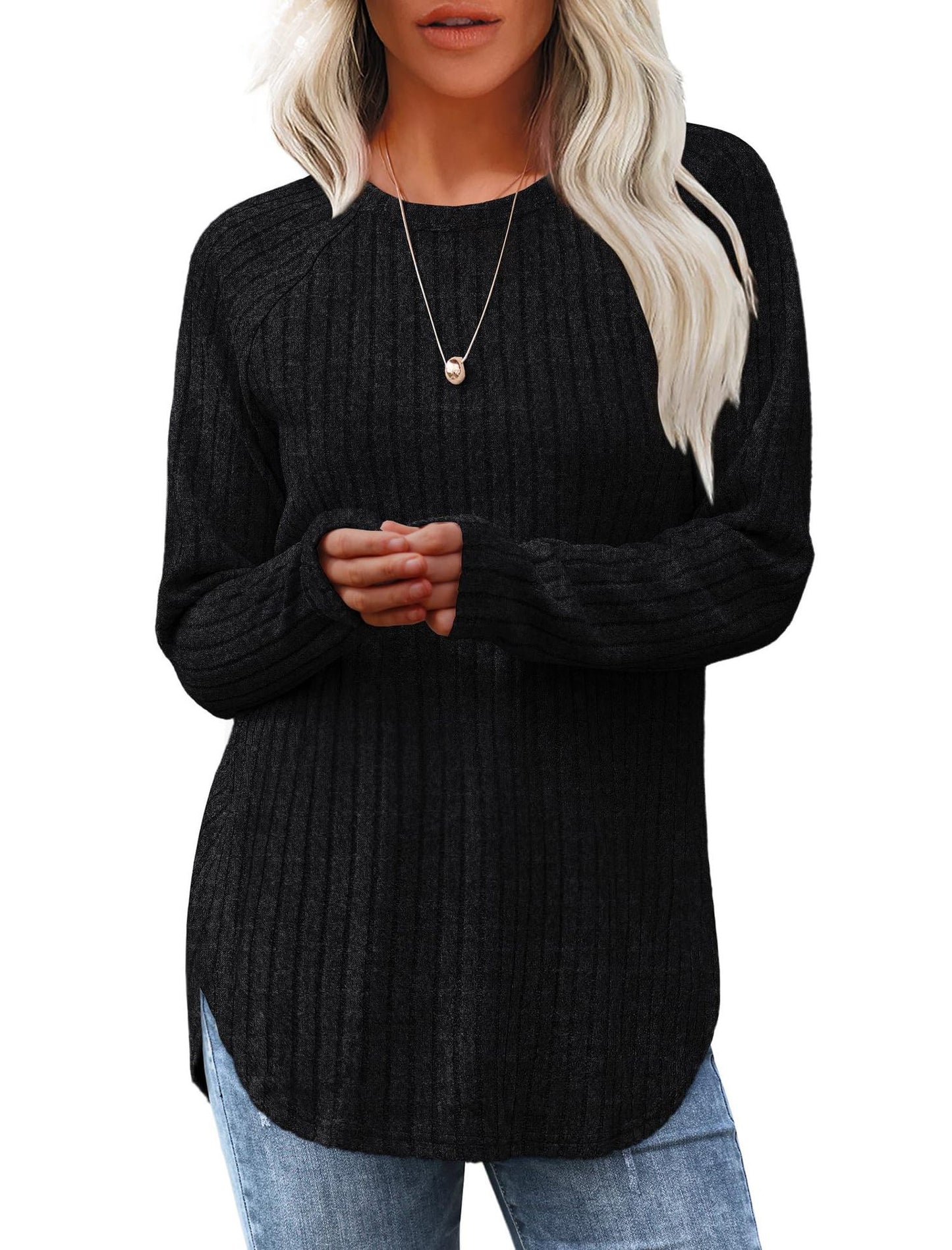 Women's Ribbed Brushed Long Sleeve Crew Neck Curved Hem Top