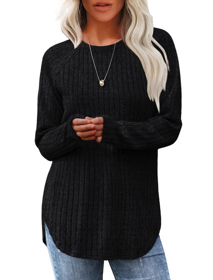 Women's Ribbed Brushed Long Sleeve Crew Neck Curved Hem Top