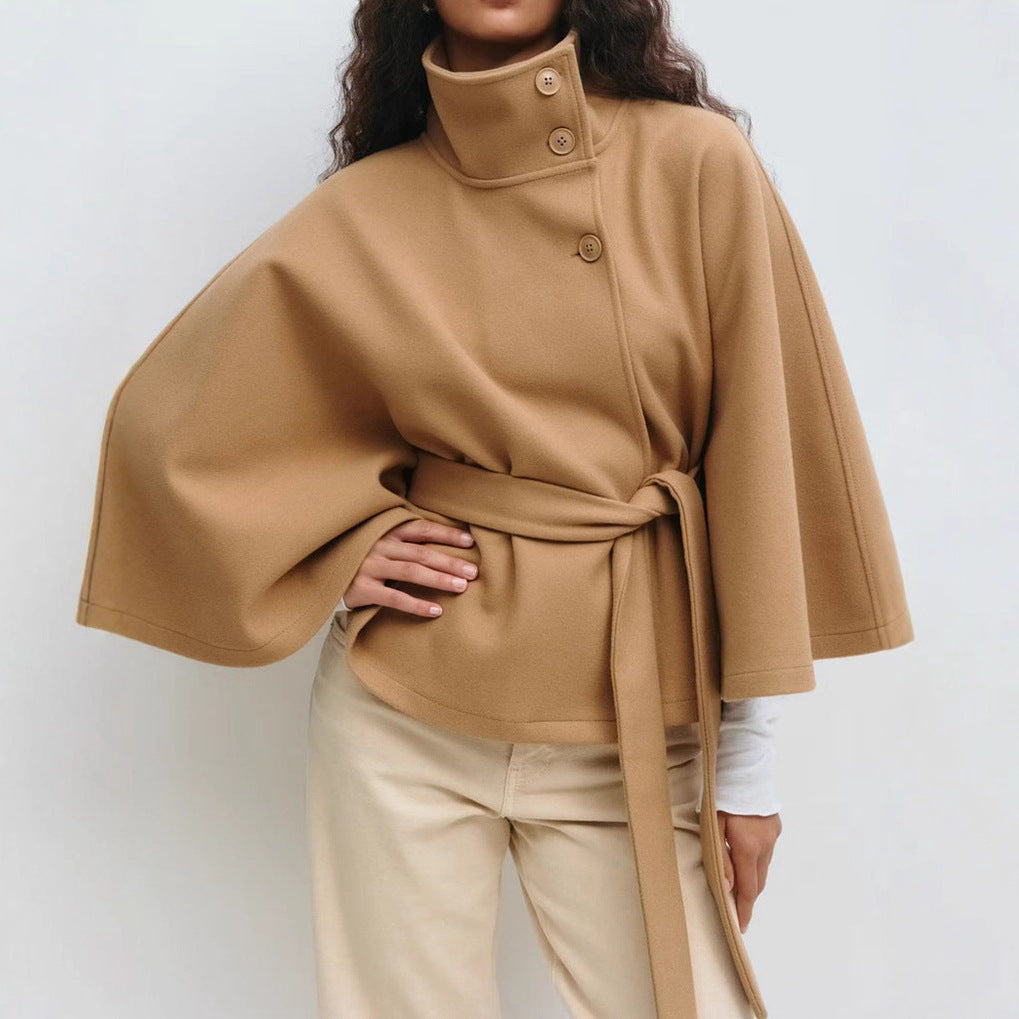 Women's Belted Cape Coat Mock Neck Button Front Jacket