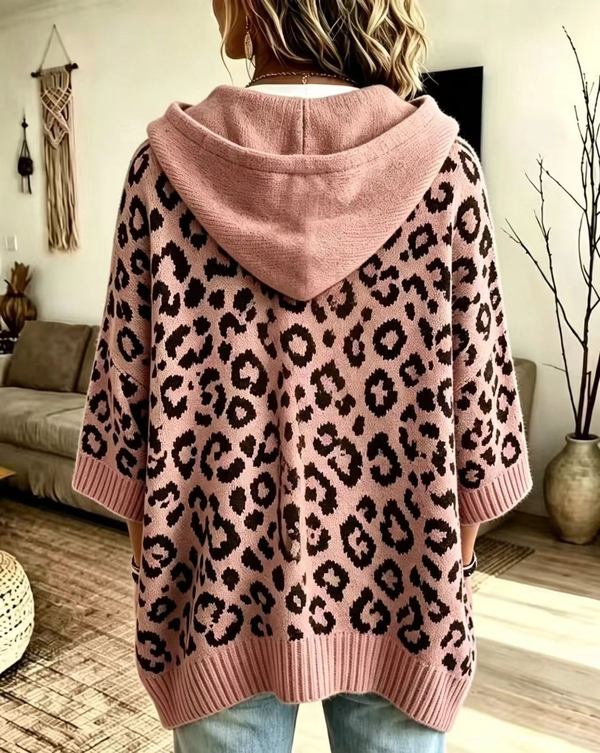 Women's Leopard Print Oversized Hooded Knit Sweater