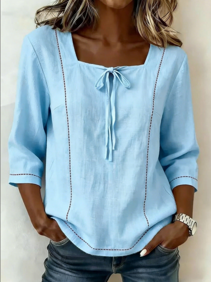 Women's Square Neck Tie Front 3/4 Sleeve Blouse Top