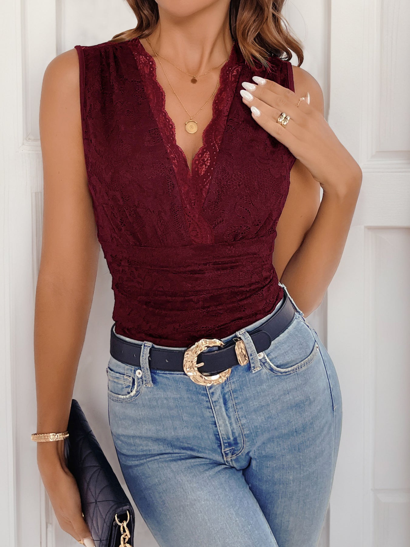 Lace V Neck Bodysuit Sleeveless Sexy Slim Fit Top
