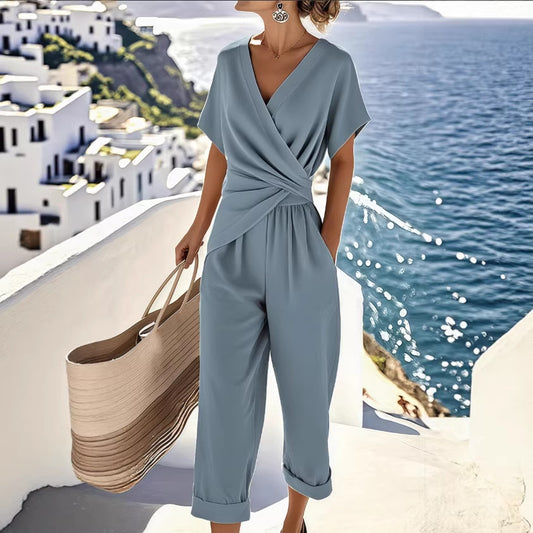 Women V Neck Wrap Wide Leg Jumpsuit Summer Elegant Outfit