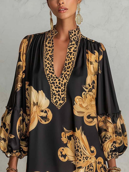 Leopard Floral Satin Mini Dress V-Neck Puff Sleeve