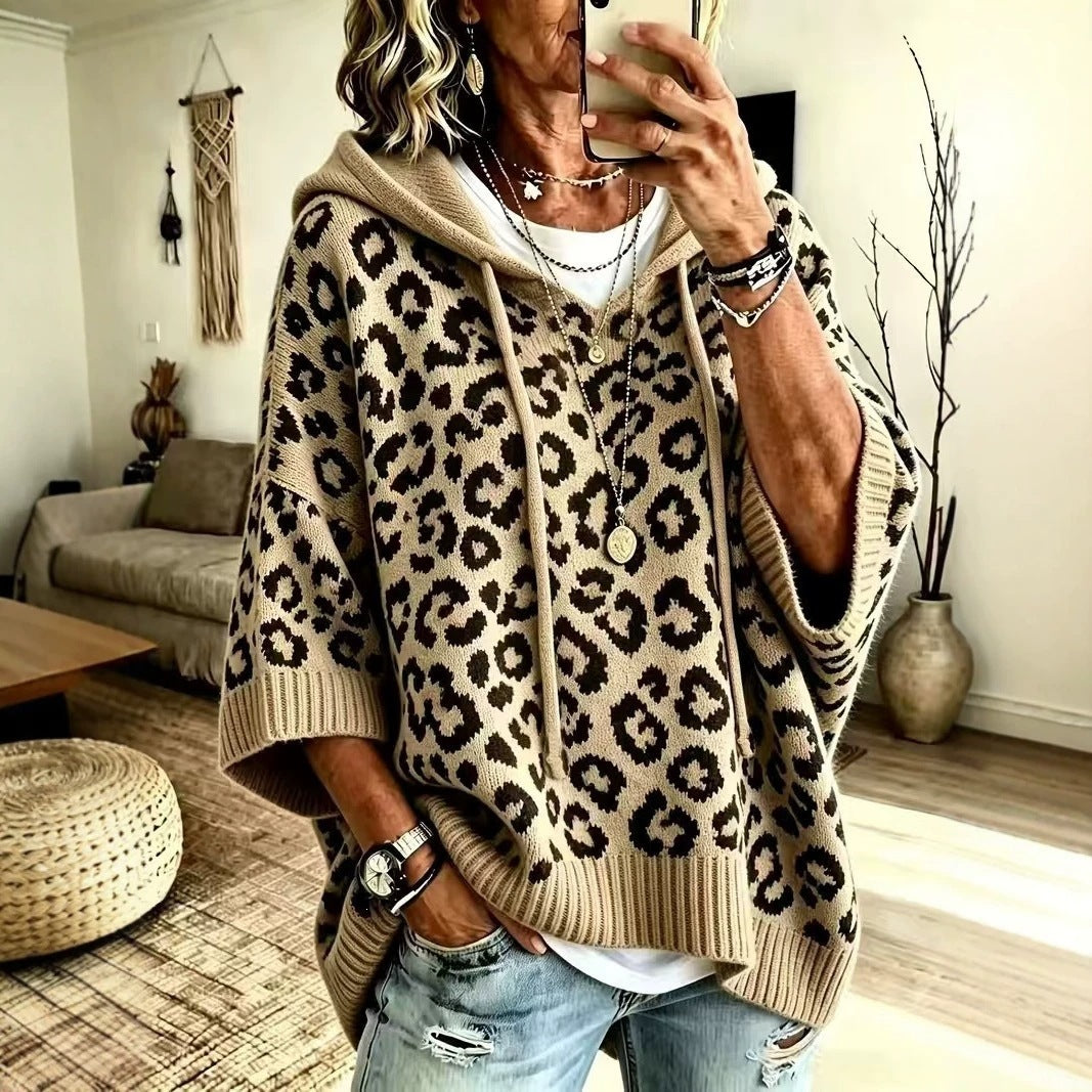 Women's Leopard Print Oversized Hooded Knit Sweater