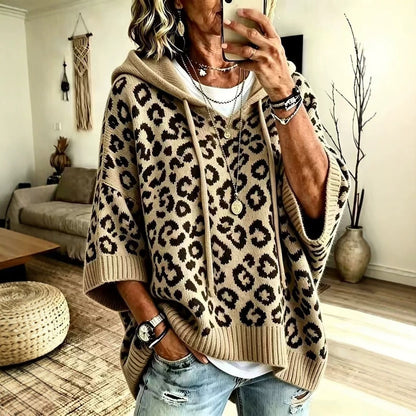 Women's Leopard Print Oversized Hooded Knit Sweater