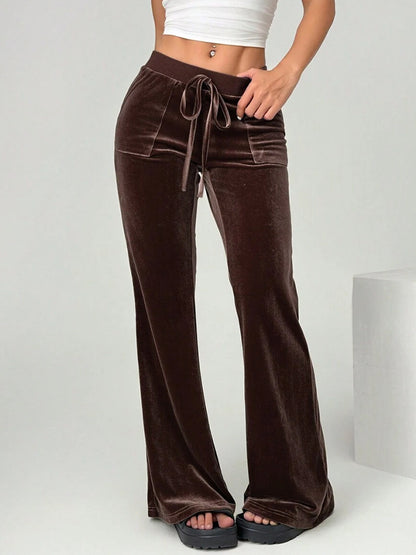 Velvet Drawstring Flare Pants with Pockets