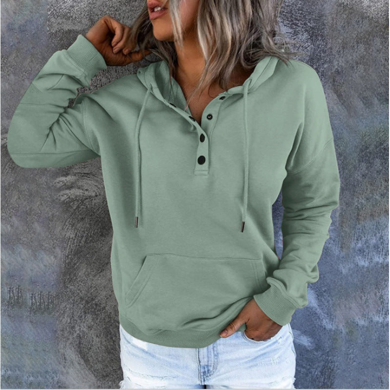 Women's Henley Hoodie Button Drawstring Pocket Pullover