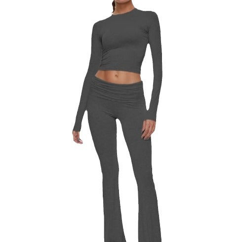 Y2K Long Sleeve Crop Top & Flare Pants Two Piece Set