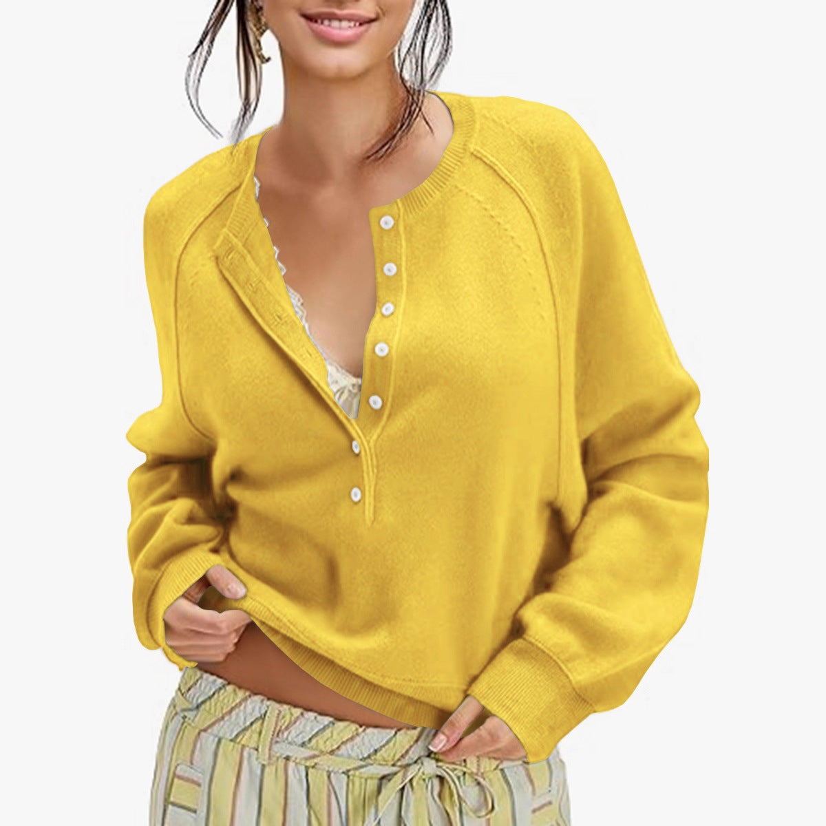 Women's Henley Button Front Knit Pullover Sweater