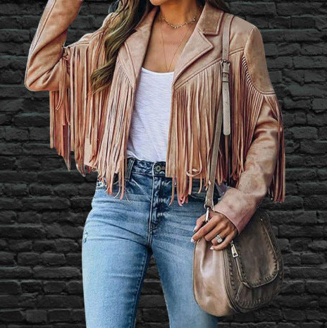 Women's Faux Suede Fringe Jacket Long Sleeve Lapel