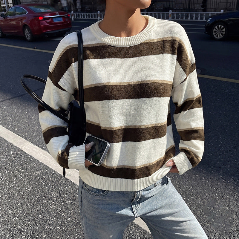 Striped Knit Sweater Crew Neck Loose Pullover