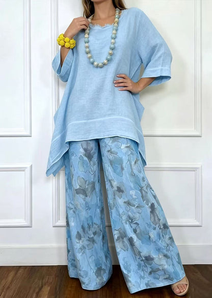 Women's Linen Set Asymmetric Top & Floral Wide Leg Pants