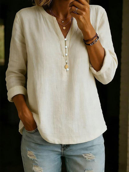 Women's V Neck Long Sleeve Button Cotton Linen Blouse