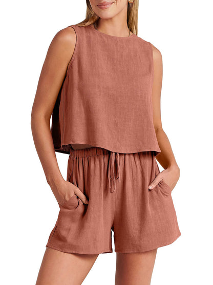 Sleeveless Top and Drawstring Shorts Two Piece Set