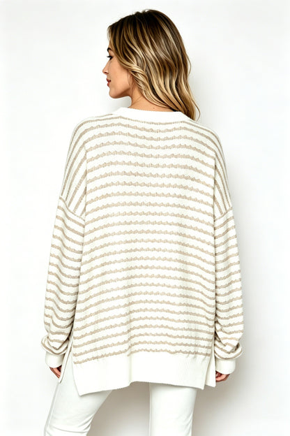 Oversized Stripe Knit Sweater Crew Neck Side Slit Pullover