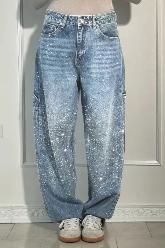 Women's Rhinestone High Waist Straight Leg Jeans