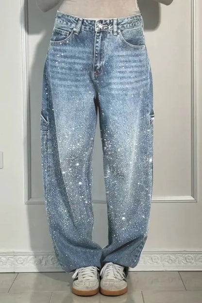 Women's Rhinestone High Waist Straight Leg Jeans