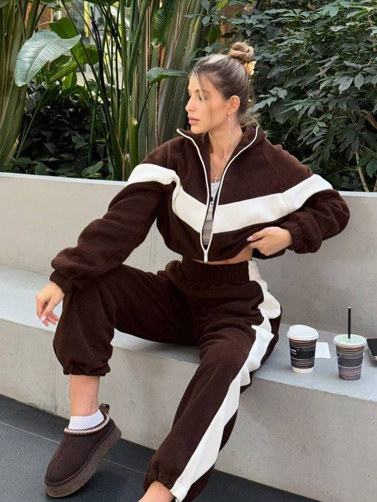 Womens Color Block Zip Up Tracksuit 2 Piece Set