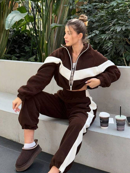 Womens Color Block Zip Up Tracksuit 2 Piece Set