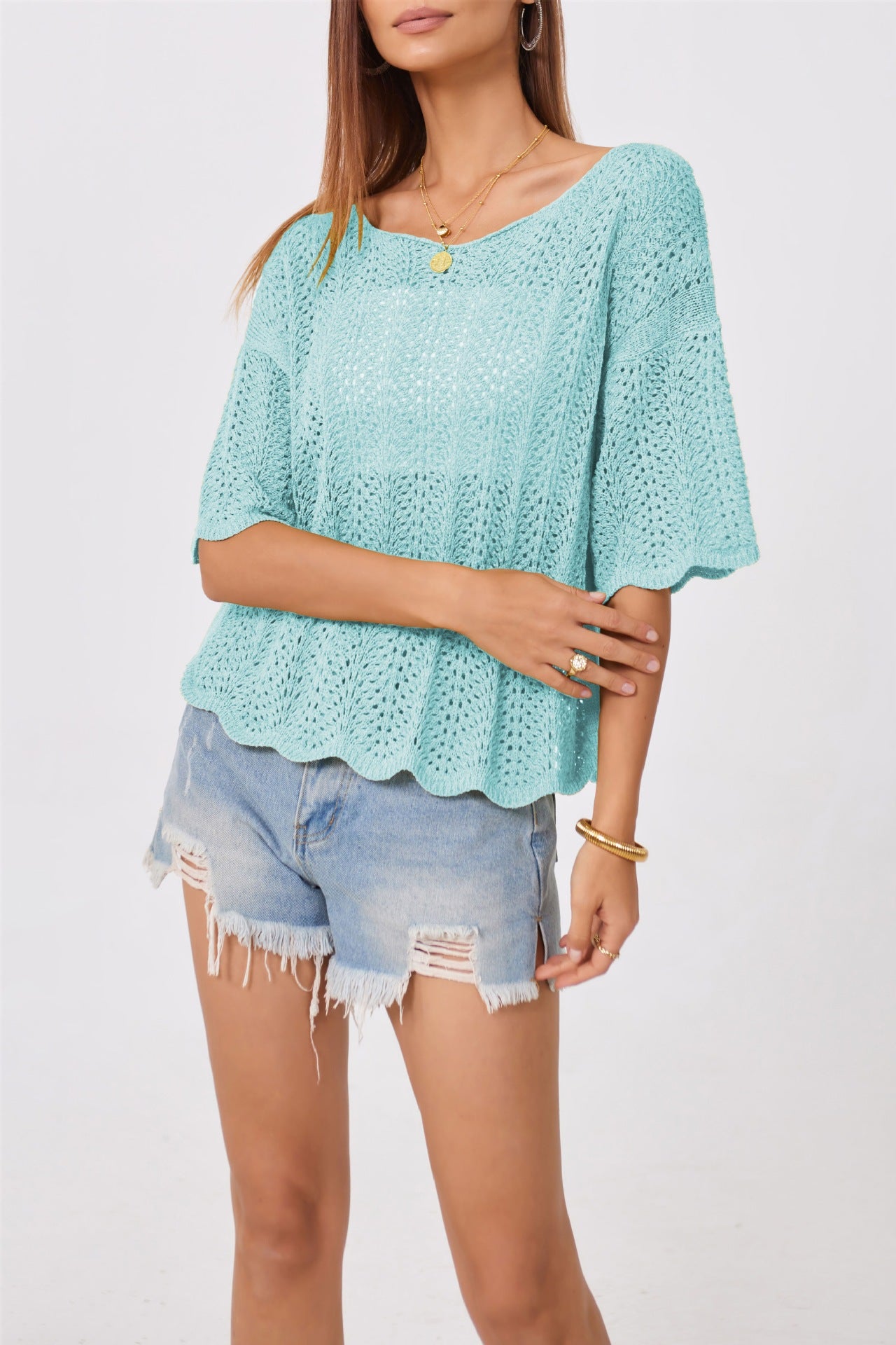 Crochet Knit Sweater Top Loose Hollow Out Short Sleeve Pullover