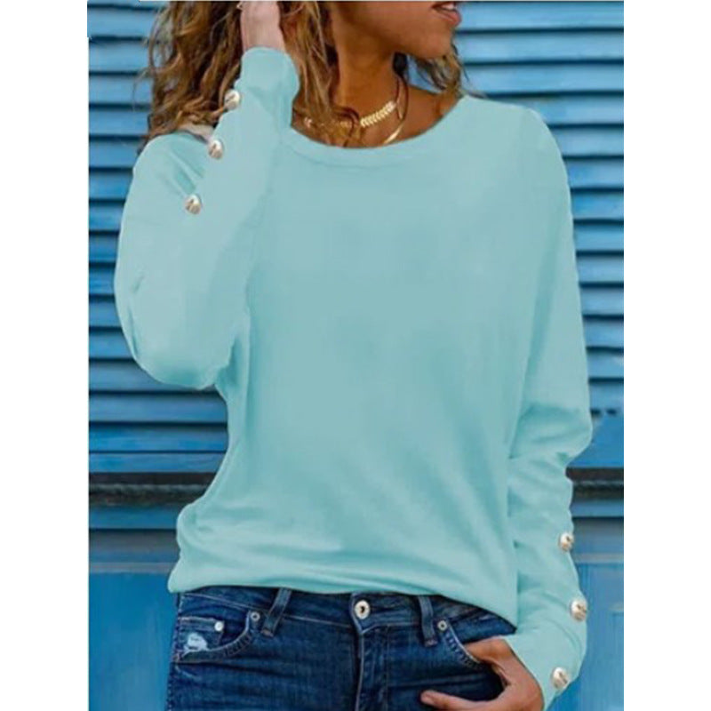 Women's Cotton Long Sleeve Crew Neck Button Detail Top