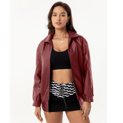 Womens Oversized Faux Leather Jacket Zip Up Casual